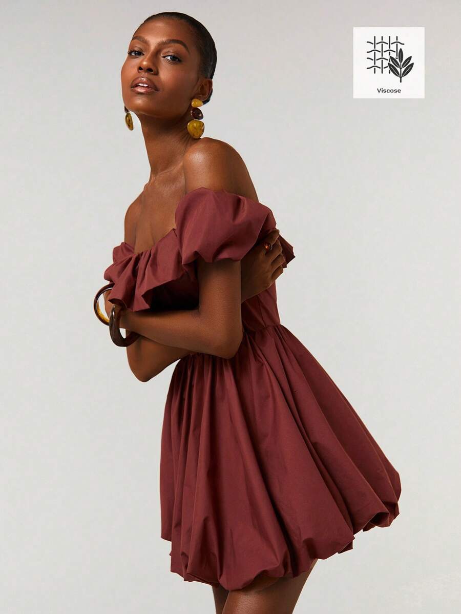 Athîral Women's Summer Simple Ruffled Off Shoulder Cinched Waist Mini Dress - Rust Brown - View 1