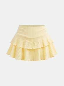 Girlism Teen Girls Resort Style Mustard Yellow Textured Tube Top With Front TwistGathered Waist Irregular Hem And Ruffled Skirt Two Pieces Suit. Suitable For Afternoon Tea, Streetwear, Vacation, Layering Or Party Wear, Autumn/Winter/Cute/Vacation