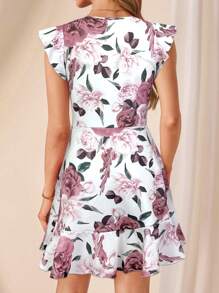 SHEIN Clasi Vestito mini attillato da donna con scollo a barchetta, maniche a campana e stampa floreale rosa e bianca