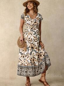 Boho Mama Gaun Hamil Wanita Putih Motif Bunga Boho, Gaun Liburan Musim Panas dengan Hem Bergelombang, Cocok untuk Liburan Musim Panas Gaya Boho - Khaki - View 8