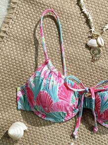 Swim Mod Women's Tropical Plant Print Twist Front Bikini Top For Summer Beach Vacation