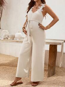 SHEIN Bohemian Maternity Lace Splice Loose Jumpsuit, Casual For Summer   Floral Shoulder Strap  ,Belt Summer Vacation Outfits Women Summer Outfits For Women Women Summer Sets Women S Clothes Woman S Summer Clothes