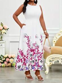 SHEIN Lady Spring And Summer Elegant Commuting Office Casual Boho Colorful Knitted Scoop Neck Flared Ball Gown Long Sleeveless Plus Size Dresses Office Dresses Hawaii Outfits Women Women Clothing Summer Summer Outfits For Women Summer Dresses For Women - Multicolor - View 3