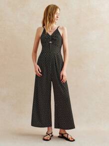 Écloséra Stylish V-Neck Bowknot Polka Dot Spaghetti Strap Backless Wide-Leg Jumpsuit, High Waisted, Elegant Design - Black - View 3