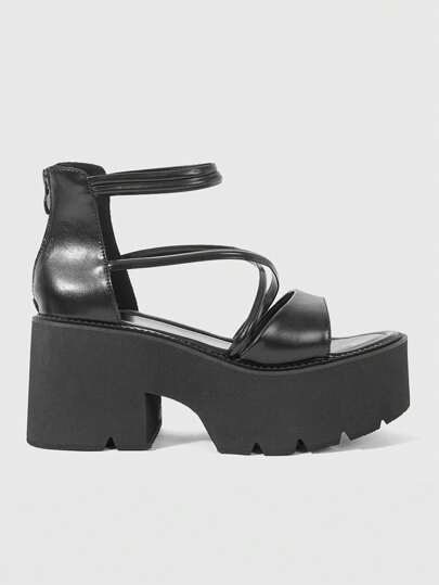 Goth Women's Black Punk & Gothic Style Platform Sandals, Vintage Roman Cross Strap Peep Toe Thick Heel High Heels