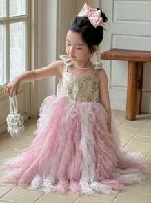 DAZY Young Girls Ombre Color-Changing Floral Print Mesh Puff Dress,Girls Summer Outfits - Pink - View 1