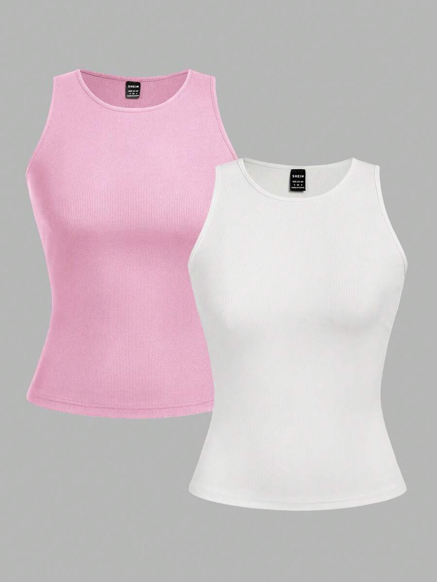 SHEIN EZwear 2件套女士粉白相间性感紧身露脐吊带背心，适合夏季穿着 - 彩色 - 查看 1