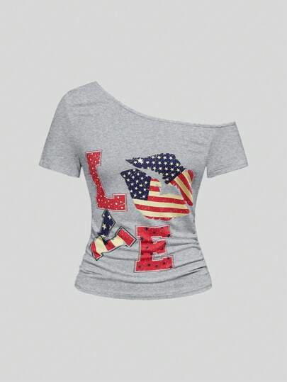 ROMWE Avant Avant Women's Asymmetric Neckline Flag, Heart And Lip Print T-Shirt, Plus Size Concert Tee