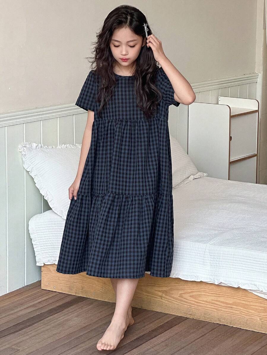 Dazy Kids 女童花卉印花圆领梭织短袖睡衣,夏季 - 藏蓝色 - 查看 1