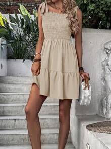 Breezaya Solid Color Loose Casual Vacation Dress With Spaghetti Strap - Khaki - View 8