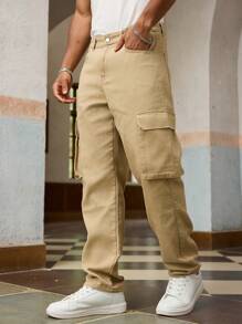 Manfinity Homme Jeans droits casual avec poches utilitaires coupe ample pour hommes - Nude - Voir 1