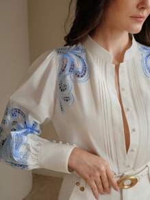 Anewsta Spring White Hollow-Out Embroidered Loose Long Sleeve Blouse, Going Out