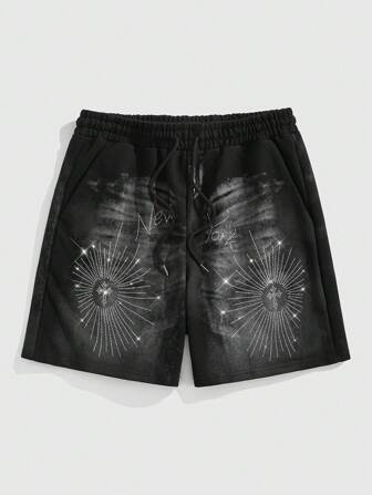 Street Life Shorts casuales de hombre con decoración de rhinestones desgastada, adecuada para uso diario