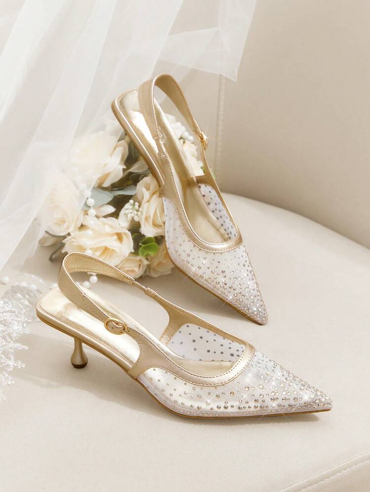 CUCCOO HITCHD Women's Pointed-Toe Stilettos With Delicate Rhinestone Mesh Design - Elegant, Sexy, And Comfortable Footwear For Weddings, Parties, And Fashionable Occasions, Available In Champagne Color