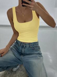 DAZY Women's Summer Plain Square Collar Ribbed Casual Versatile Tank Top