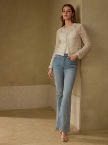 MOTF PREMIUM MESH BEADED FLORAL PATTERN SHEER LIGHTWEIGHT BLAZER - Champagne - View 6