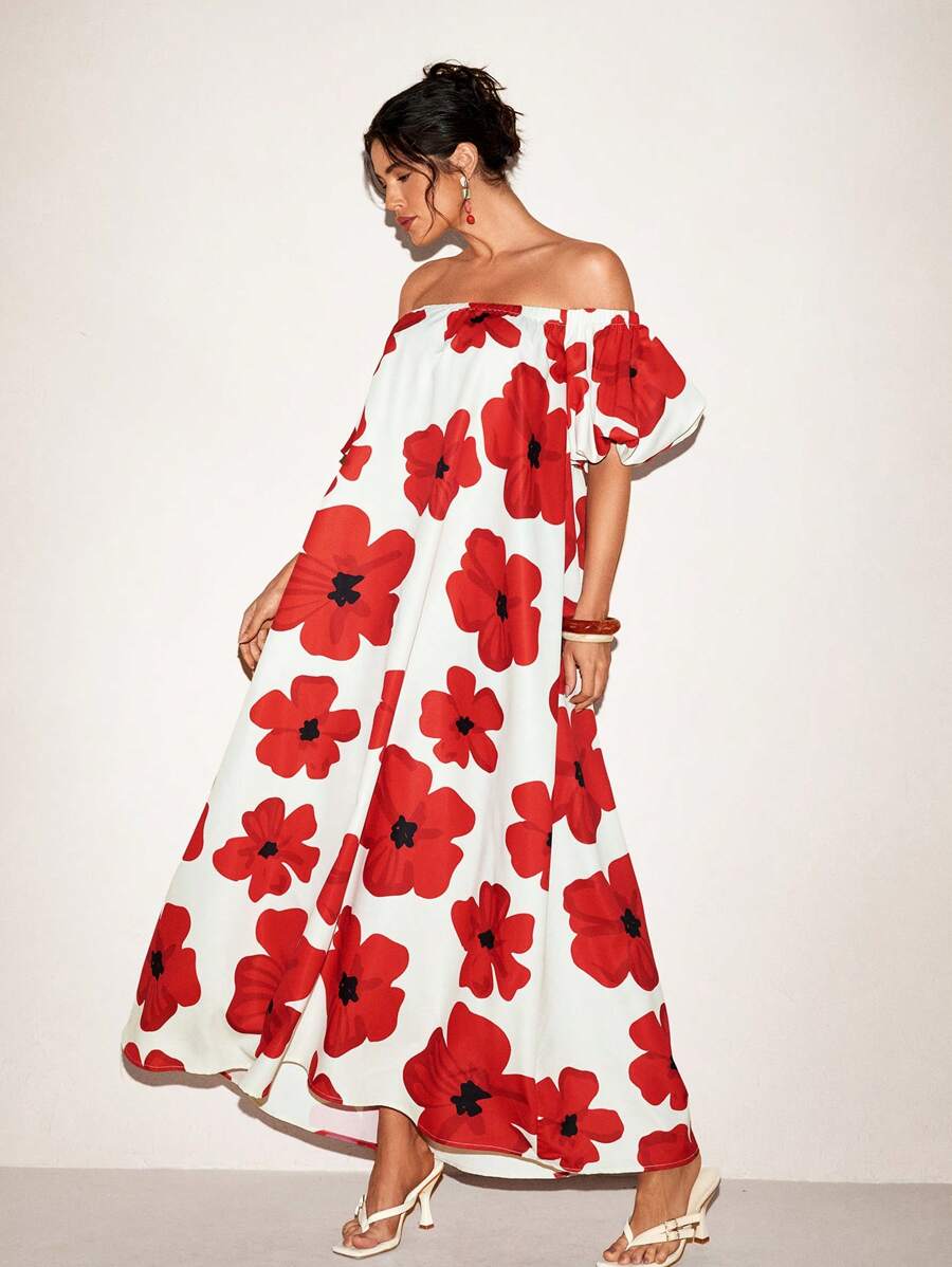 VALERIA GALIPOLI Floral Print Off Shoulder Puff Short Sleeves A Line Maxi Dress Summer Women Vacation Holiday - Multicolor - View 1