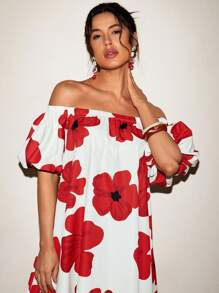 VALERIA GALIPOLI Floral Print Off Shoulder Puff Short Sleeves A Line Maxi Dress Summer Women Vacation Holiday - Multicolor - View 3