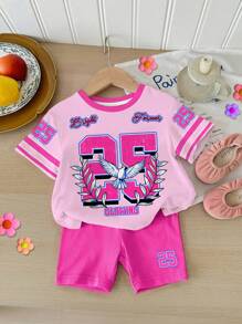 SHEIN Baby Girl Casual Minimalist Graphic Number 25 & Print, College Sport Stylish, Round Neck Short Sleeve T-Shirt And Leggings Set, Suitable For Spring Summer