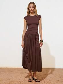 Lumivelle Women's Solid Color Round Neck Cap Sleeve Ruched Elegant Dress - Brown - View 1