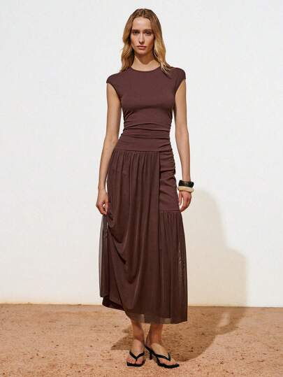 Lumivelle Women's Solid Color Round Neck Cap Sleeve Ruched Elegant Dress