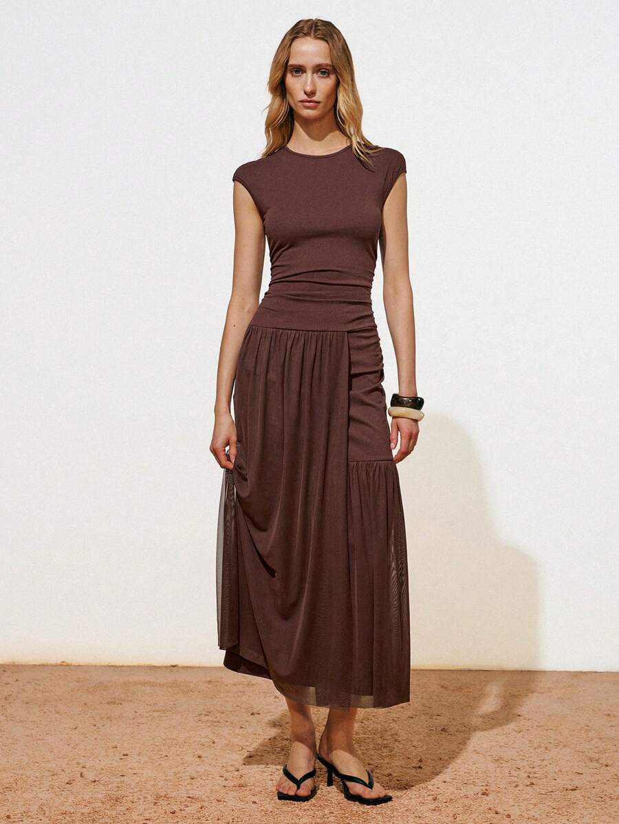 Lumivelle Women's Solid Color Round Neck Cap Sleeve Ruched Elegant Dress - Brown - View 1