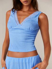 Athîral Damski letni swobodny, jednokolorowy, koronkowy top bez rękawów - Niebieski - Zobacz 5
