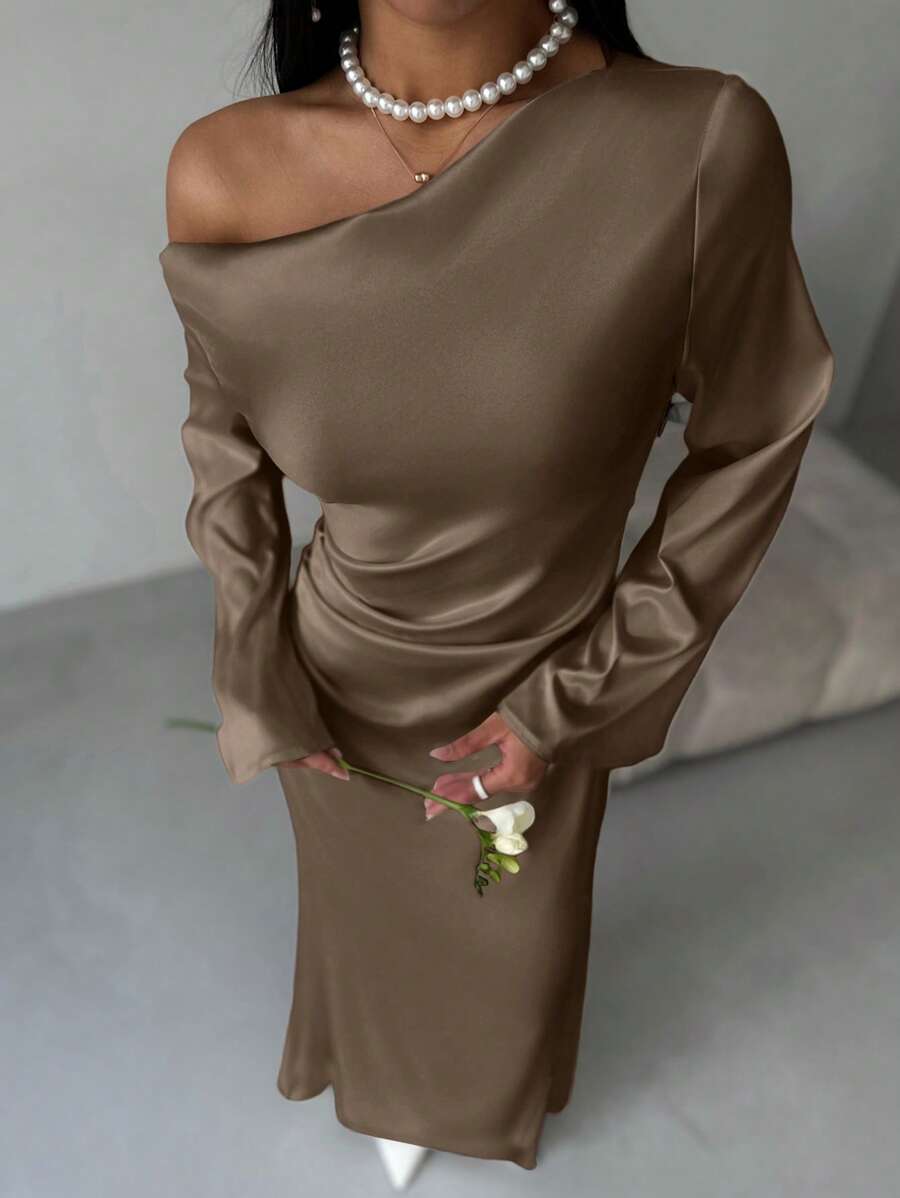 Aloruh Minimalist High-Quality Taffeta Asymmetrical Neck Ruched Flare Sleeve Floor Length Mermaid Skirt, Suitable For Valentine's Day Dresses For Wedding Event - Brown - View 1
