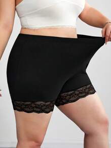 SHEIN CURVE+ Women Plus Size 2pcs Contrast Lace Leggings Set, Summer/Graphic Tees - Black - View 7