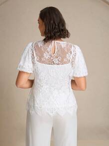 Chikora Plus Size Summer Elegant Solid Color Lace 3D Floral Decor Blouse,Lace Top,White Tops,Office Attire For Women