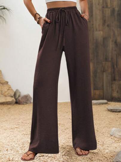 SHEIN PETITE Women's Boho Style Elastic Waist Straight Leg Beach/Vacation Pants With Pockets, Exotic Jacquard Fabric, Summer Fall Cloth For Women