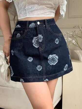 DAZY Minifalda vaquera ajustada con estampado floral de rosas sexy para el verano para mujeres