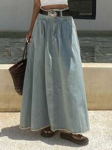 Livesso Summer New Loose Casual Distressed Denim Washed Umbrella Skirt For Women