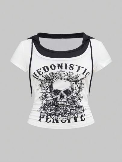 Grunge Punk Plus Size Women Vintage Y2K Concert Punk Skull Print 2-In-1 Contrast Color Tight Short Sleeve T-Shirt