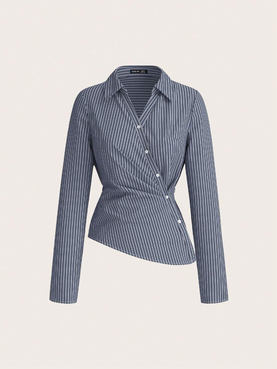 SHEIN PETITE 女式海军蓝和白色条纹翻领长袖衬衫，商务休闲女装，90 年代，秋季，商务休闲女装，返校，女式衬衫，外出上衣，长袖衬衫，工作女式衬衫情人节 - 藍白色 - 查看 1