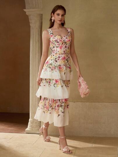 MOTF PREMIUM 花卉印花层叠鸡尾酒会礼服