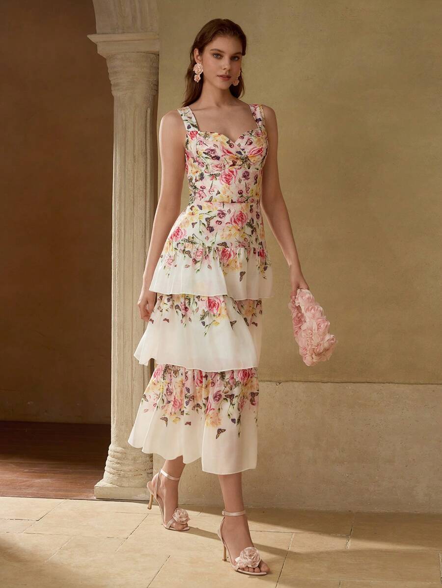 MOTF PREMIUM 花卉印花层叠鸡尾酒会礼服 - 彩色 - 查看 1