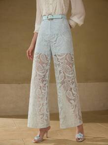MOTF PREMIUM PANTALONES CON CINTURÓN Y ENCAJE DE CONTRASTE - Azul - Ver 1