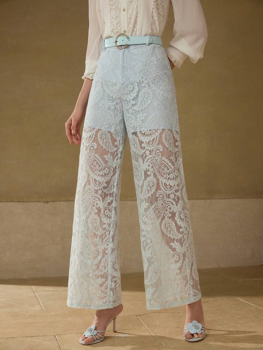 MOTF PREMIUM PANTALONES CON CINTURÓN Y ENCAJE DE CONTRASTE - Azul - Ver 1