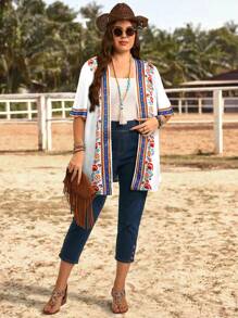 EMERY ROSE Plus Size Floral Print Ruffle Trim Open Front Short Sleeve Vacation Jacket,Summer,Vacation