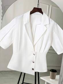 SHEIN Clasi 女式翻领短袖纽扣褶皱优雅衬衫 - 白色 - 查看 1