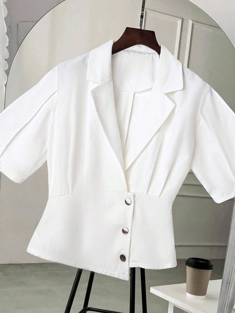 SHEIN Clasi 女式翻领短袖纽扣褶皱优雅衬衫 - 白色 - 查看 1