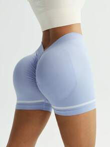 Gameset SHEIN Sport 女士无缝高弹力褶皱V腰瑜伽短裤 - 藍色 - 查看 4