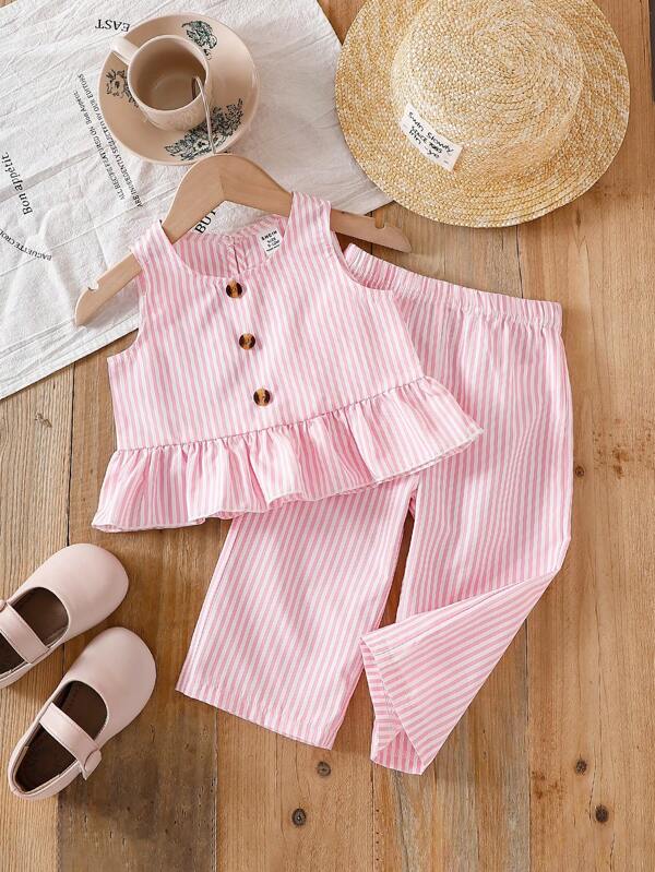 SHEIN Vintaside Kids Baby Girl Summer Casual Outfit Vest Top With Ruffled Hem & Striped Pants, Korean Style
