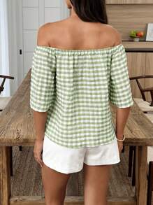 SHEINBlues Blusa de hombros descubiertos con estampado floral a cuadros y aplicaciones - Verde - Ver 2