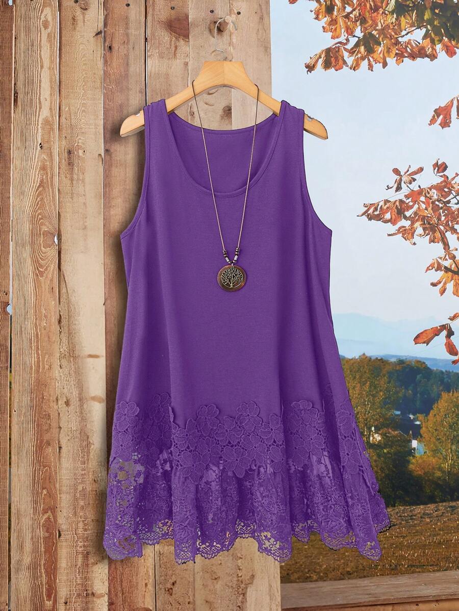 EMERY ROSE 大码女式黑色蕾丝拼布吊带背心 - 紫色 - 查看 1