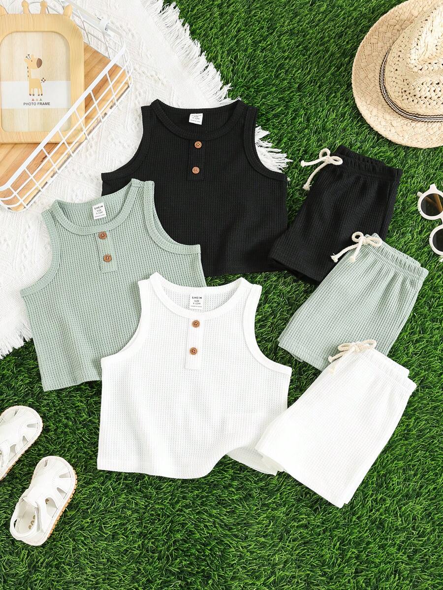 SHEIN 6pcs/Set Baby Boy Summer Cute Casual Knit Top & Shorts Set, Basic Multipack - Black and White - View 1