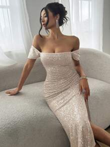 Vestido de fiesta de lujo de un hombro con cintura ceñida y abertura, vestido de cóctel con lentejuelas para el hombro descubierto, conjunto de mujer para Año Nuevo y carnaval con vestido brillante - Plateado - Ver 7