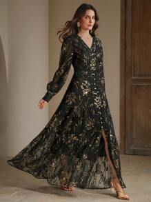 Anewsta Elaire Elegant Sequin Texture Vacation Casual Dress With V-Neck And Long Sleeves - Black - View 2
