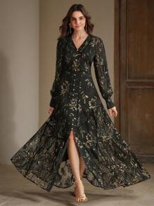 Anewsta Elaire Elegant Sequin Texture Vacation Casual Dress With V-Neck And Long Sleeves - Black - View 5